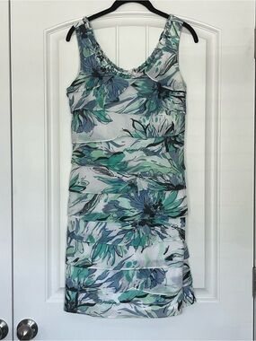 S.L. Fashions Aqua and Teal Tiered Floral Mini Dress Size 6